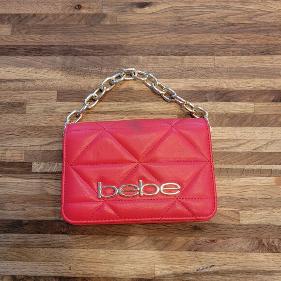 BEBE Red Quilted Faux Leather Crossbody Purse w Gold Chain Handstrap - Picture 2 of 16